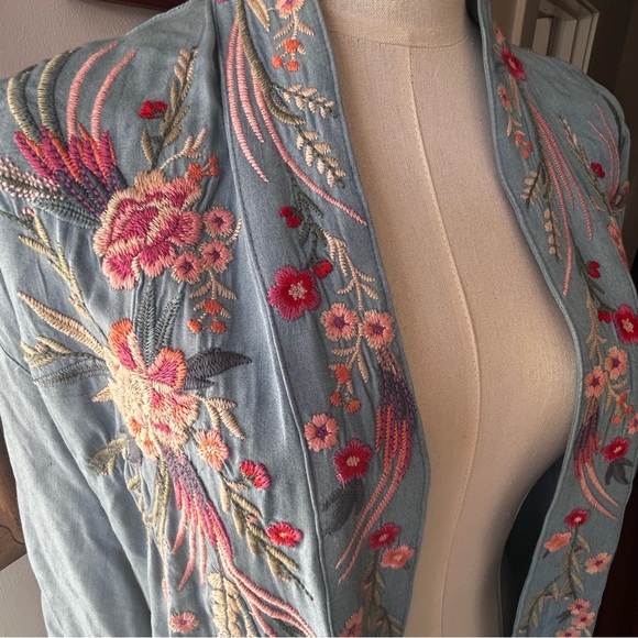 Johnny Was Workshop Embroidered Kimono Coat Medium Light Blue Pink Green - Picture 5 of 16
